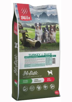 Корм для щенков Blitz Holistic индейка и утка сухой беззерновой 12 кг