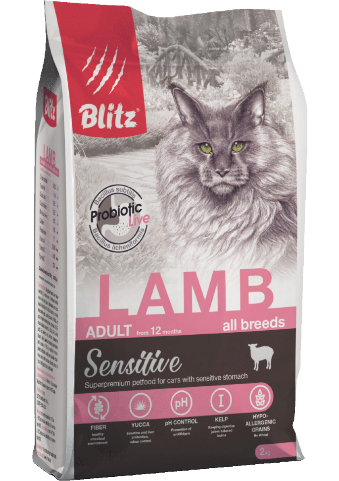 Корм для кошек всех пород Blitz Sensitive ягнёнок полнорационный 2 кг