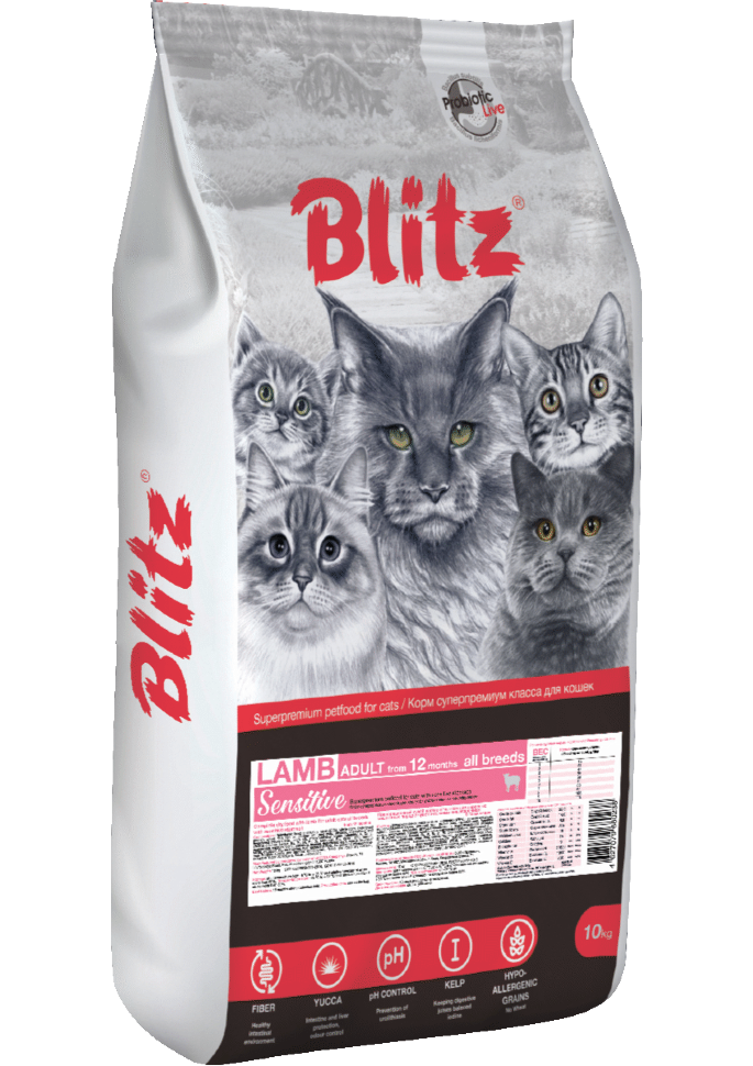 Корм для кошек всех пород Blitz Sensitive ягнёнок полнорационный 10 кг