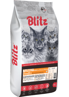 Корм для кошек всех пород Blitz Sensitive индейка полнорационный 10 кг