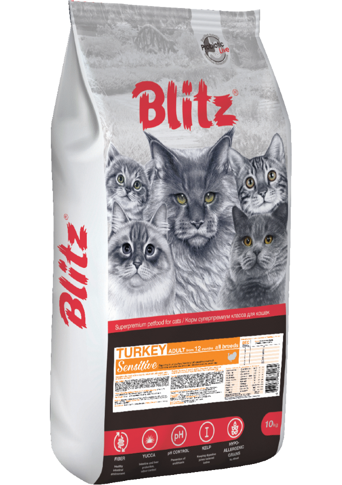 Корм для кошек всех пород Blitz Sensitive индейка полнорационный 10 кг
