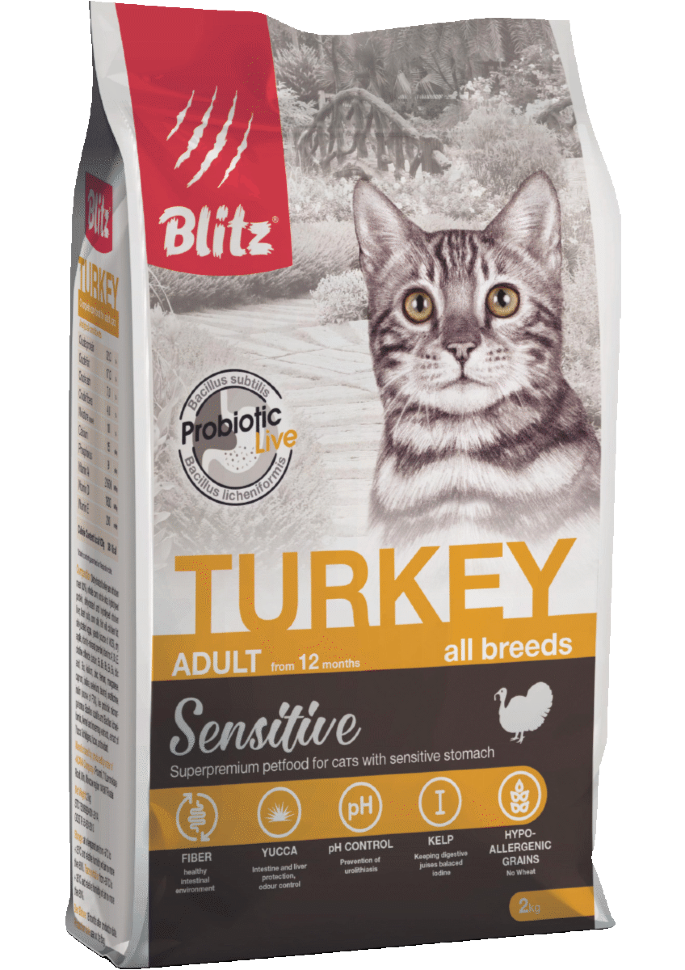 Корм для кошек всех пород Blitz Sensitive индейка полнорационный 0.4 кг