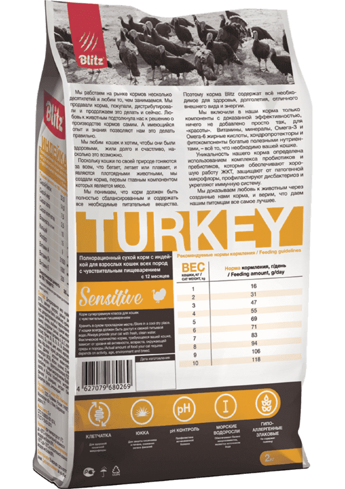 Корм для кошек всех пород Blitz Sensitive индейка полнорационный 0.4 кг