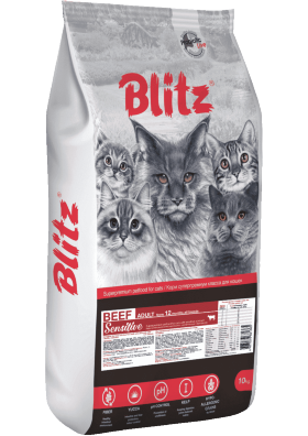 Корм для кошек всех пород Blitz Sensitive говядина полнорационный 10 кг