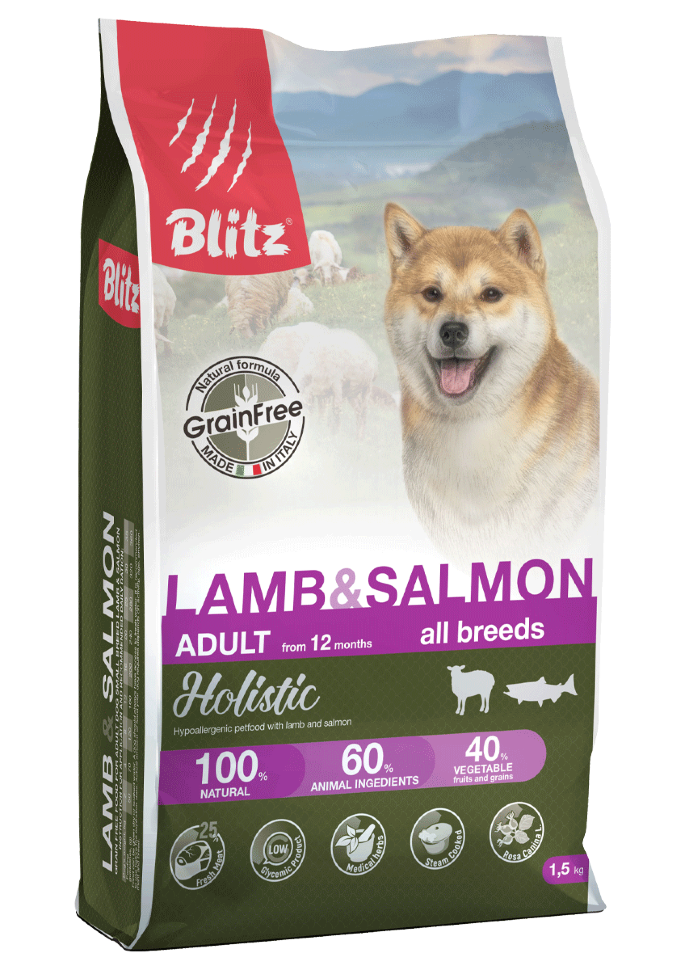 Корм для собак всех пород Blitz Holistic ягненок и лосось беззерновой 1.5 кг