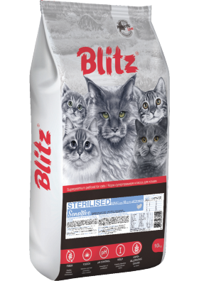 Корм для стерилизованных кошек и кастрированных котов Blitz Sensitive индейка 10 кг