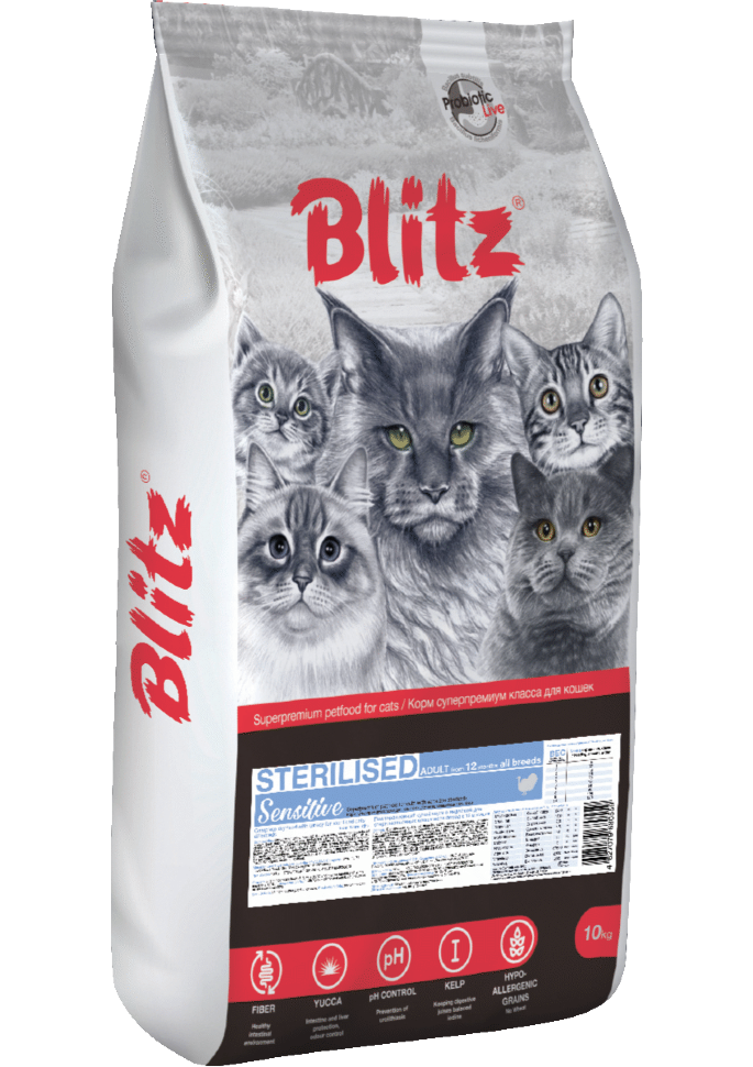 Корм для стерилизованных кошек и кастрированных котов Blitz Sensitive индейка 10 кг