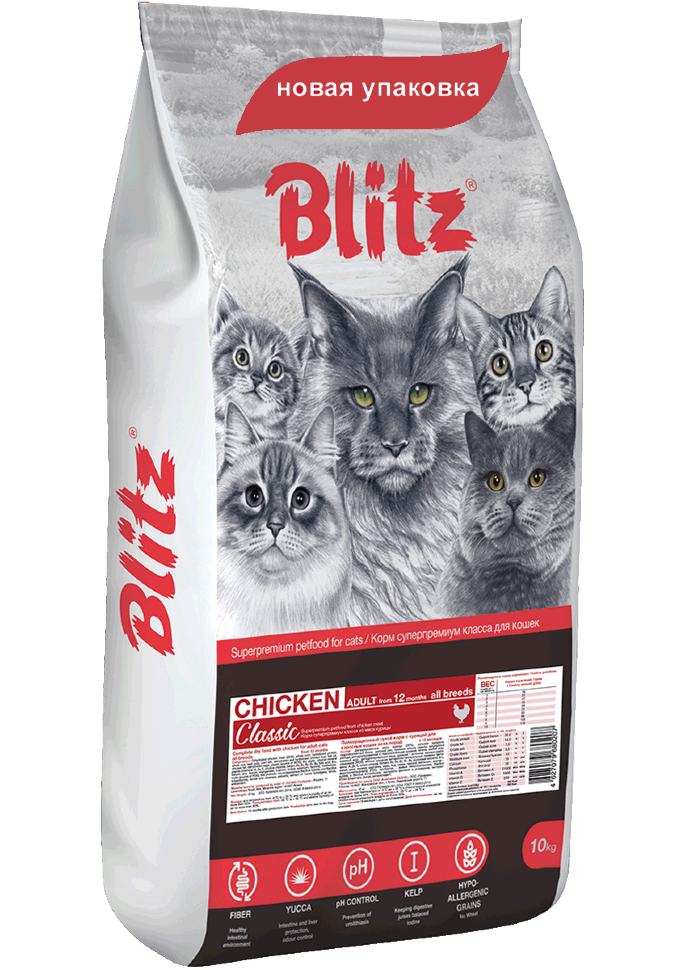 Корм для кошек Blitz Classic курица полнорационный 10 кг