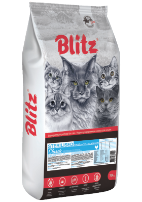 Корм для стерилизованных кошек и кастрированных котов Blitz Classic курица 10 кг