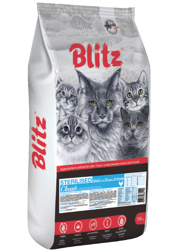 Корм для стерилизованных кошек и кастрированных котов Blitz Classic курица 10 кг