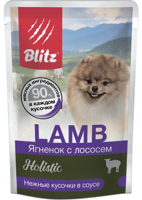 Влажный корм для собак мелких пород Blitz Holistic ягненок с лососем кусочки в соусе 85 г х 24 шт