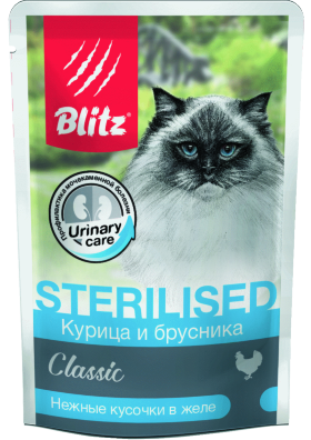Влажный корм для стерилизованных кошек и кастрированных котов Blitz Classic курица и брусника кусочки в желе 85 г х 24 шт