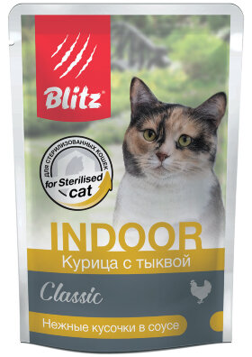 Влажный корм для кошек склонных к лишнему весу и кастрированных Blitz Classic курица с тыквой кусочки в соусе 85 г