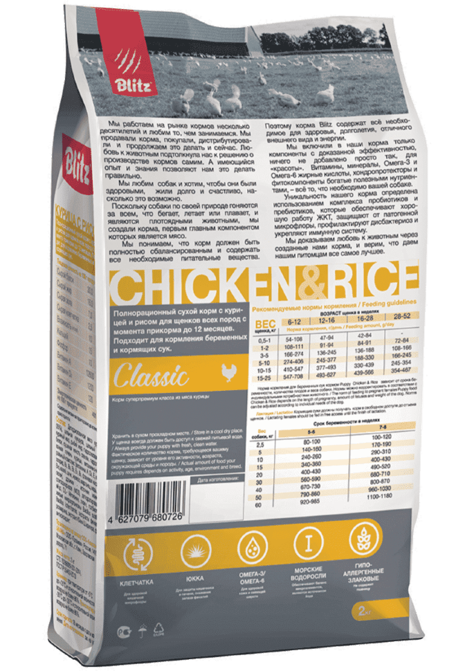 Корм для щенков всех пород полнорационный Blitz Classic курица и рис 2 кг