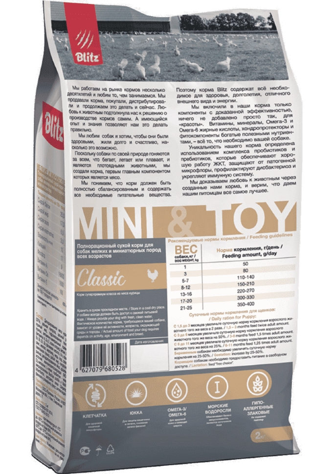Корм для собак мелких и миниатюрных пород Blitz Classic полнорационный 2 кг