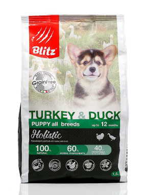 Корм для щенков Blitz Holistic индейка и утка сухой беззерновой 1.5 кг