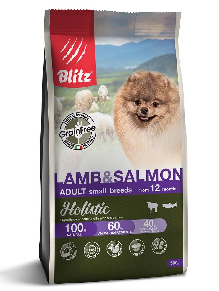 Корм для собак мелких пород Blitz Holistic ягненок и лосось беззерновой 0.5 кг