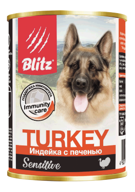 Влажный корм для собак с чувствительным пищеварением Blitz Sensitive индейка с печенью консервированный 0.4 кг х 24 шт