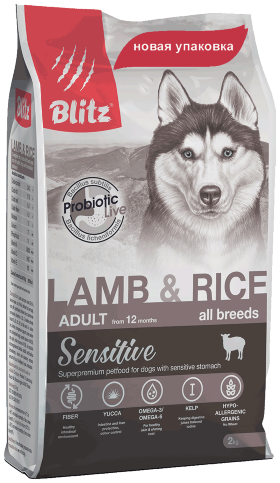 Корм для собак с чувствительным пищеварением Blitz Sensitive ягненок и рис 2 кг