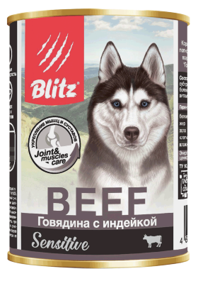 Влажный корм для собак с чувствительным пищеварением Blitz Sensitive говядина с индейкой консервированный 0.4 кг