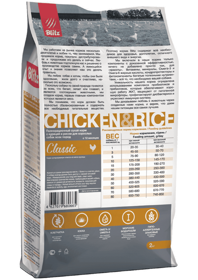 Корм для собак всех пород полнорационный Blitz Classic курица и рис 15 кг