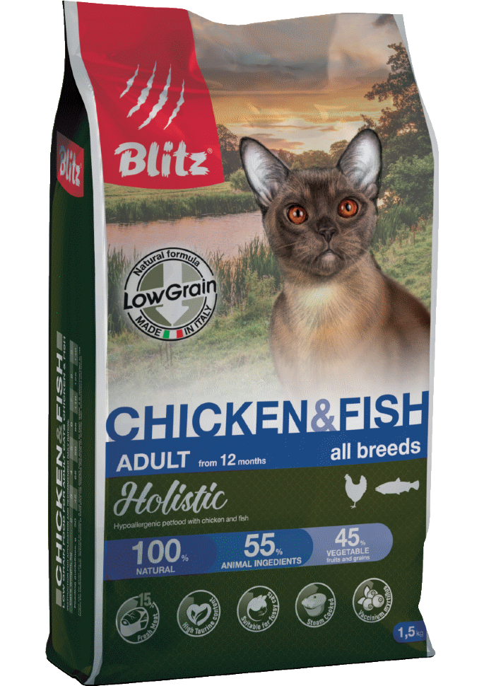 Корм для кошек всех пород Blitz Holistic курица и рыба низкозерновой 5 кг