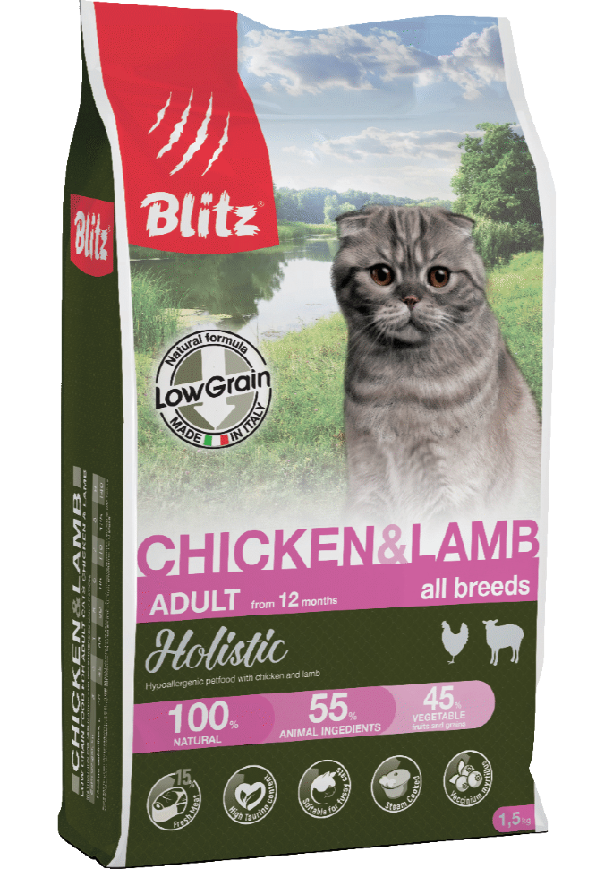 Корм для кошек всех пород Blitz Holistic курица и ягненок низкозерновой 1.5 кг