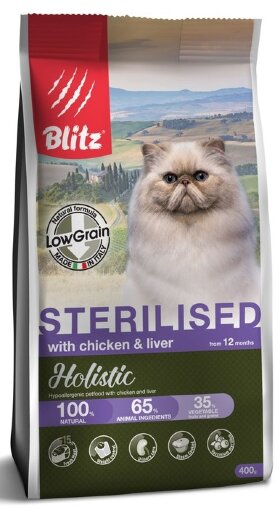 Корм для стерилизованных кошек и кастрированных котов Blitz Holistic курица и печень низкозерновой 0.4 кг