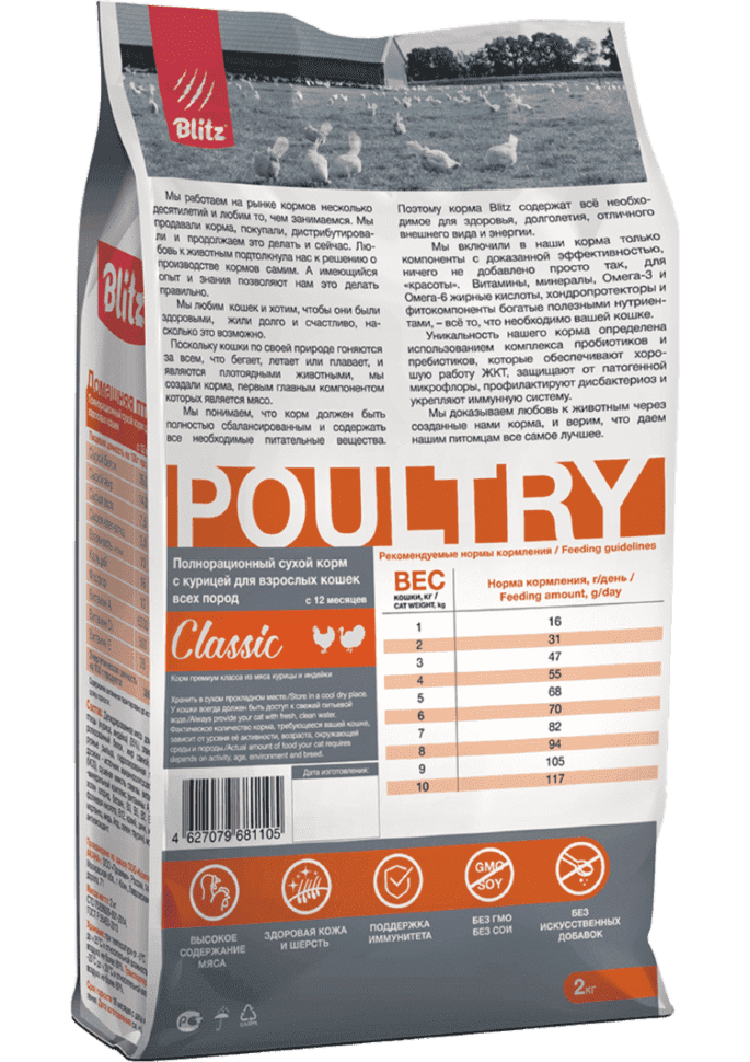 Корм для кошек Blitz Classic домашняя птица полнорационный 2 кг