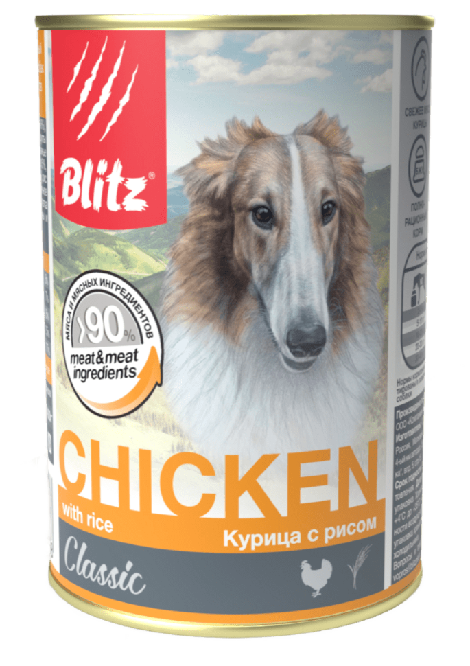 Влажный корм для собак Blitz Classic курица с рисом консервированный 0.75 кг х 12 шт