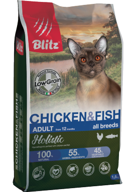 Корм для кошек всех пород Blitz Holistic курица и рыба низкозерновой 0.4 кг