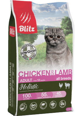 Корм для кошек всех пород Blitz Holistic курица и ягненок низкозерновой 0.4 кг