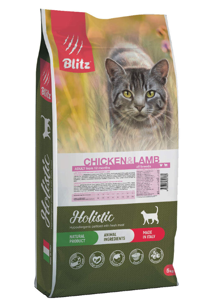 Корм для кошек всех пород Blitz Holistic курица и ягненок низкозерновой 5 кг