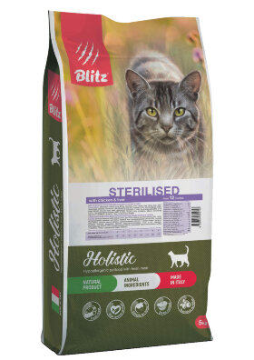 Корм для стерилизованных кошек и кастрированных котов Blitz Holistic курица и печень низкозерновой 5 кг