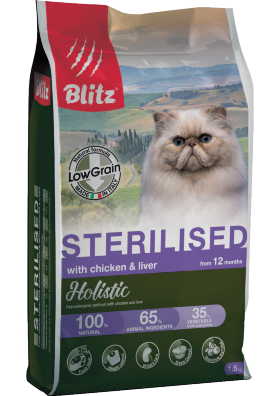 Корм для стерилизованных кошек и кастрированных котов Blitz Holistic курица и печень низкозерновой 1.5 кг