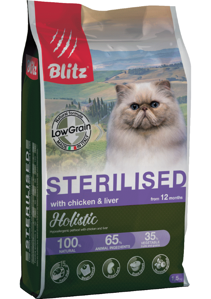 Корм для стерилизованных кошек и кастрированных котов Blitz Holistic курица и печень низкозерновой 1.5 кг