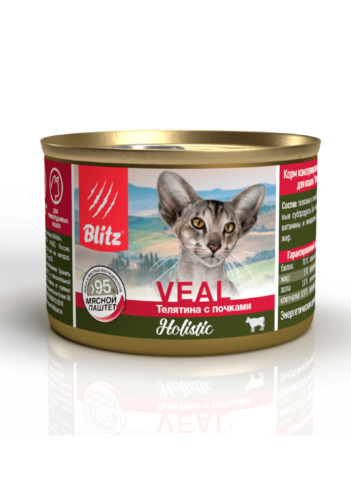 Влажный корм для кошек Blitz Holistic телятина с почками консервированный полнорационный 0.2 кг х 24 шт