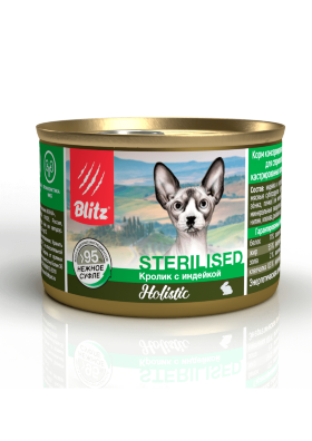 Влажный корм для стерилизованных кошек и кастрированных котов Blitz Holistic кролик с индейкой консервированный 0.2 кг х 24 шт